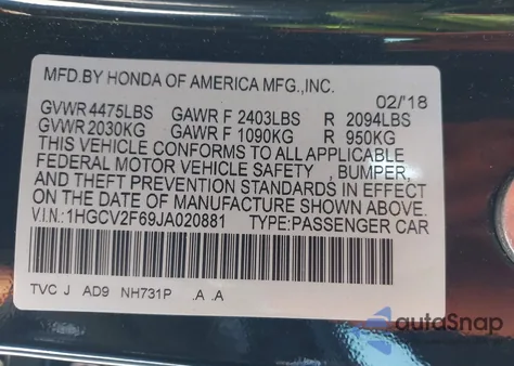2018 Honda Accord Ex-L 2.0T from USA, damaged, VIN 1HGCV2F69JA020881